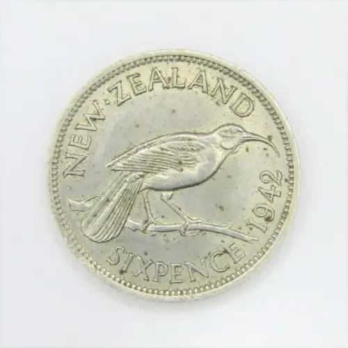 1942 New Zealand Sixpence - AU+ - very little wear - scarce