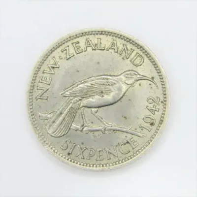 1942 New Zealand Sixpence - AU+ - very little wear - scarce