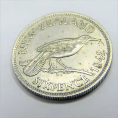 1942 New Zealand Sixpence - AU+ - very little wear - scarce