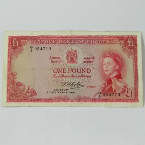 Rhodesia banknote one pound 7 September 1964 - Very Fine - with folds and creases