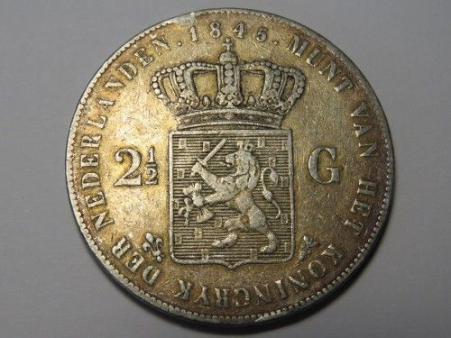 Netherlands Willem 2 silver 2 1/2 Gulden VF+ 1845 (No dash between crown and shield)