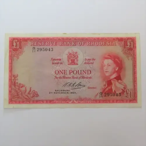 Reserve Bank of Rhodesia One Pound G11 Salisbury 2 November 1964 aEF
