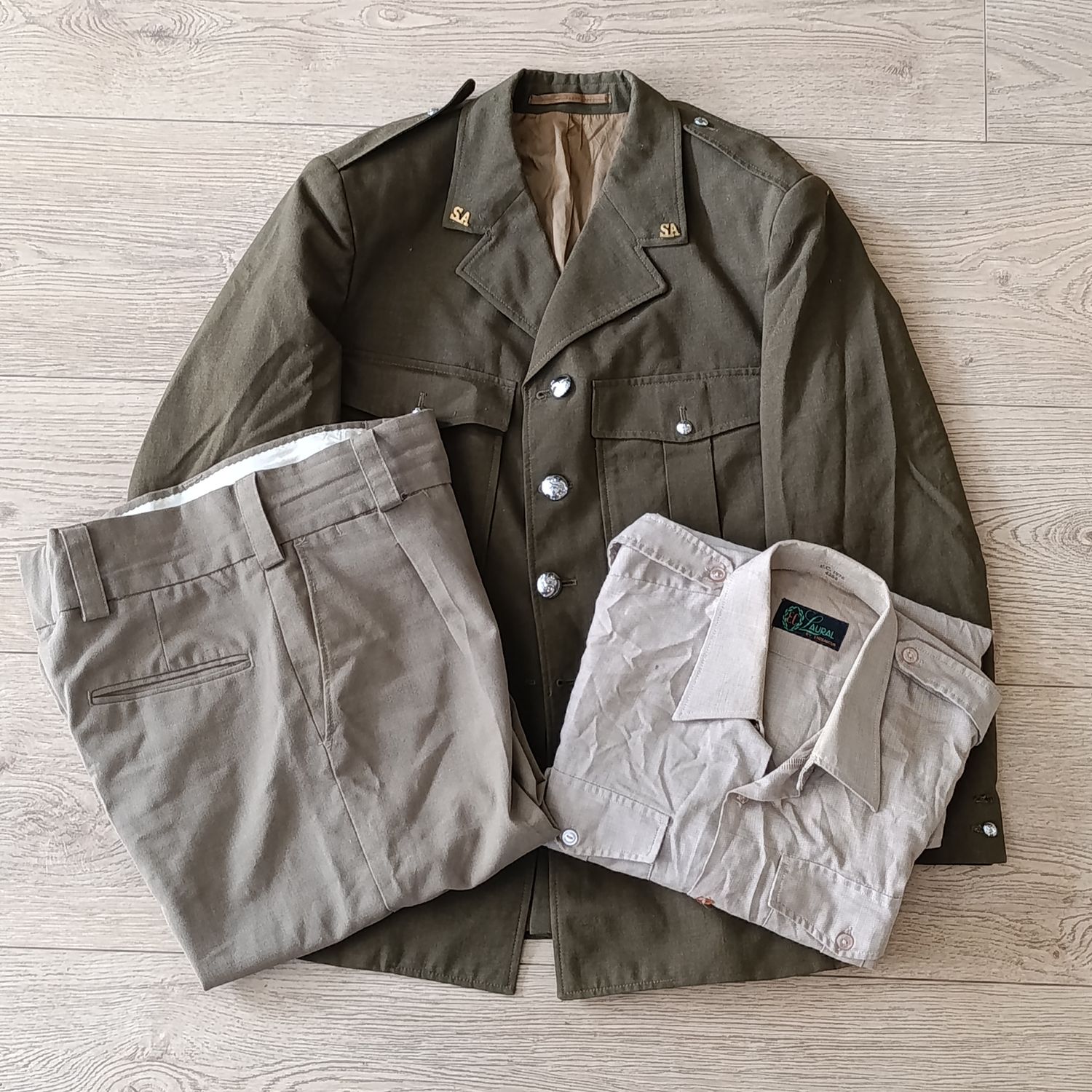 SADF tunic with shirt and trousers - jacket full back length 74.5, armpit to cuff 43.5cm, waist 116.5cm, shirt full back 81.8cm, armpit to cuff 48.5cm, waist 147.5cm, trouser waist 92.5cm, inner leg 7