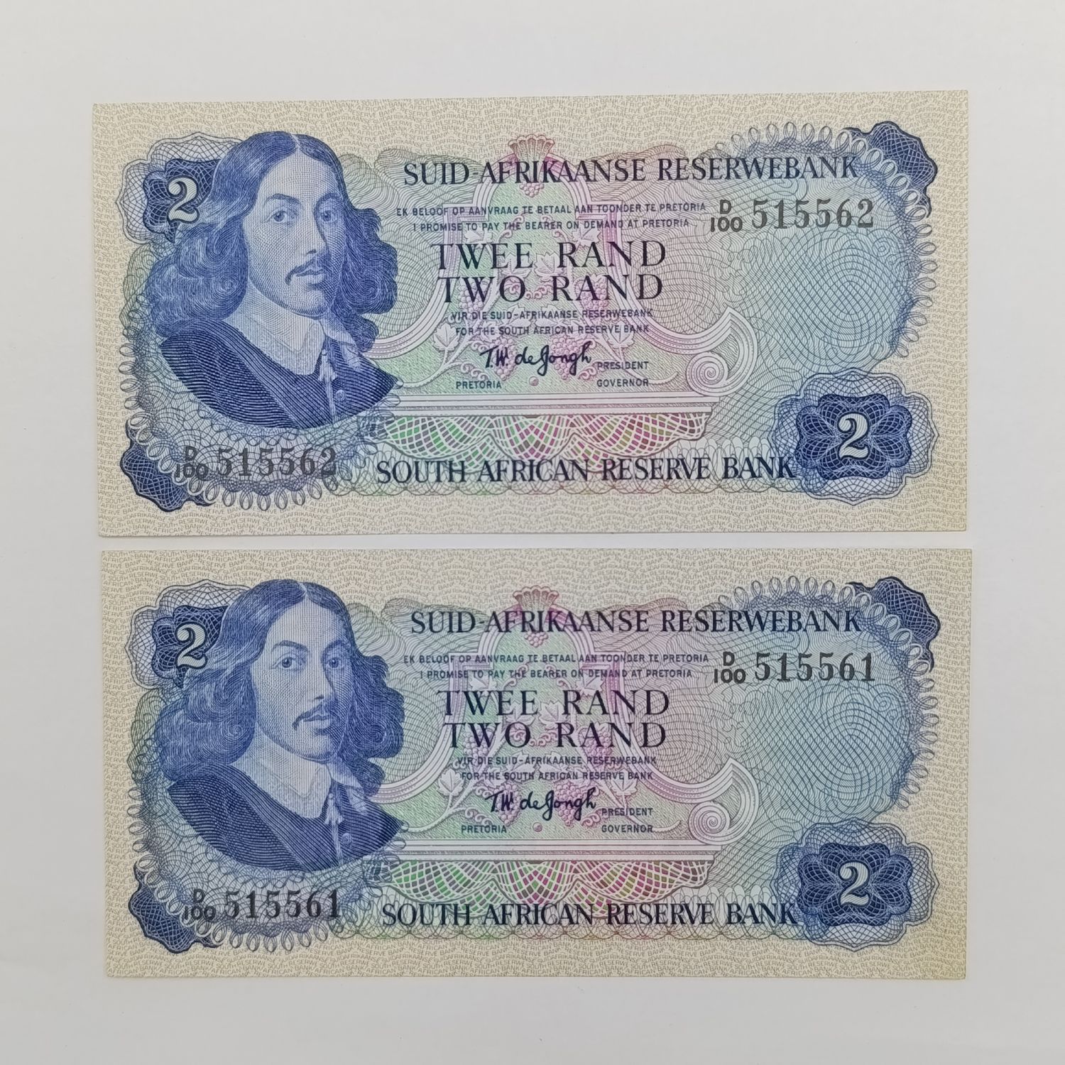 TW de Jongh 2nd issue R2 notes pair uncirculated with consecutive numbers D100