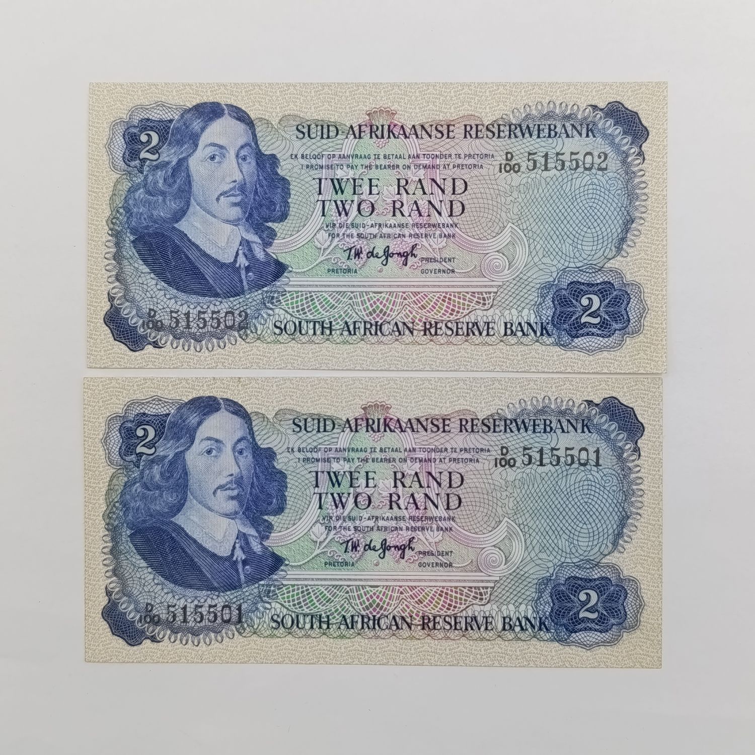 TW de Jongh 2nd issue 1974 R2 banknote pair uncirculated with consecutive numbers D100