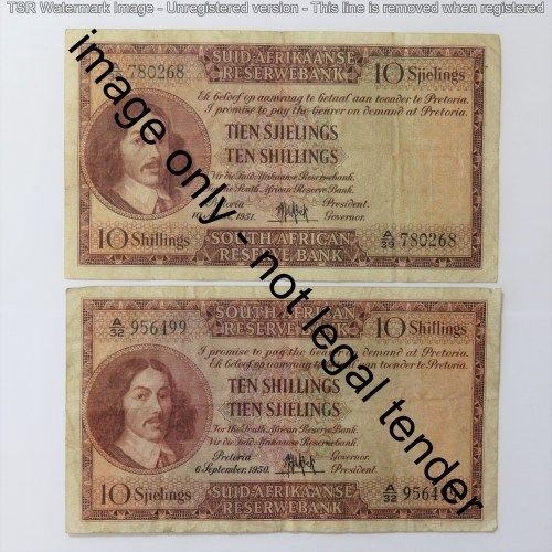 MH de Kock 3rd issue Ten Shillings lot of 6 notes - 1954, 1955, 1956, 1957, 1958, 1959