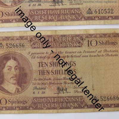 MH de Kock 3rd issue Ten Shillings lot of 6 notes - 1954, 1955, 1956, 1957, 1958, 1959