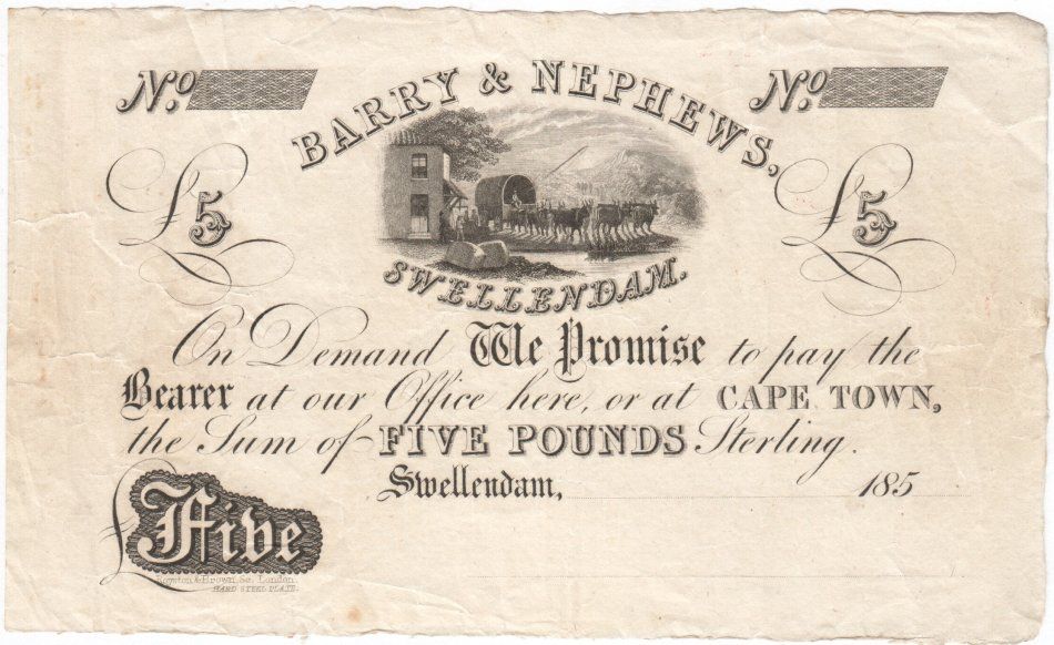 Barry and Nephews Swellendam unissued 1850`s Five Pounds banknote - exceptional quality