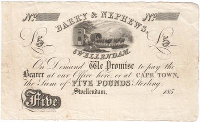 Barry and Nephews Swellendam unissued 1850`s Five Pounds banknote - exceptional quality