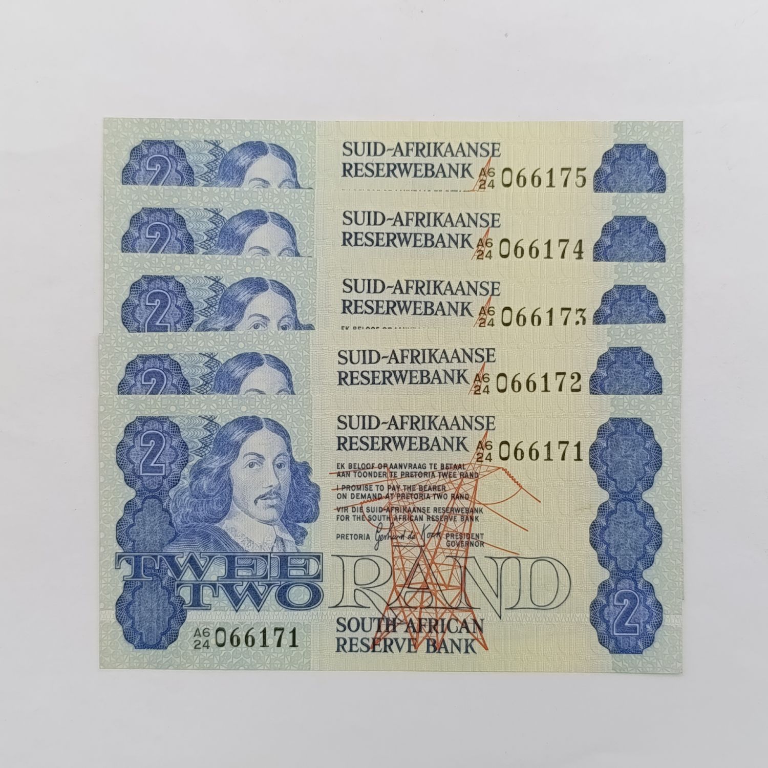 GPC de Kock 2nd issue Lot of 5 uncirculated R2 notes with consecutive numbers A6/24 - 1981