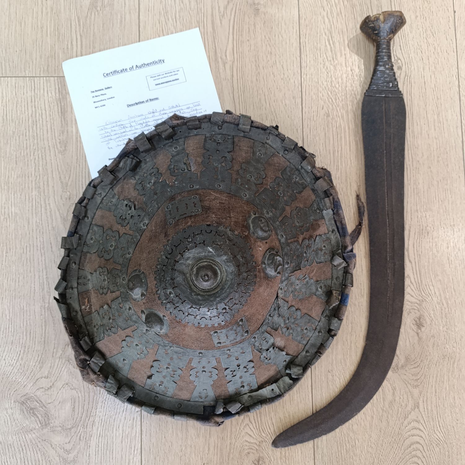 Antique 18th Century Ethiopian Amhara Shield and Shotel - used in Battle of Magdala defending Emperor Tevodros II - with Certificate of Authenticity