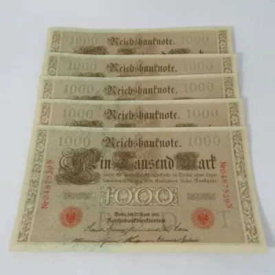 Lot of 5 German bank notes with consecutive numbers - Issued 1910 - rarely found
