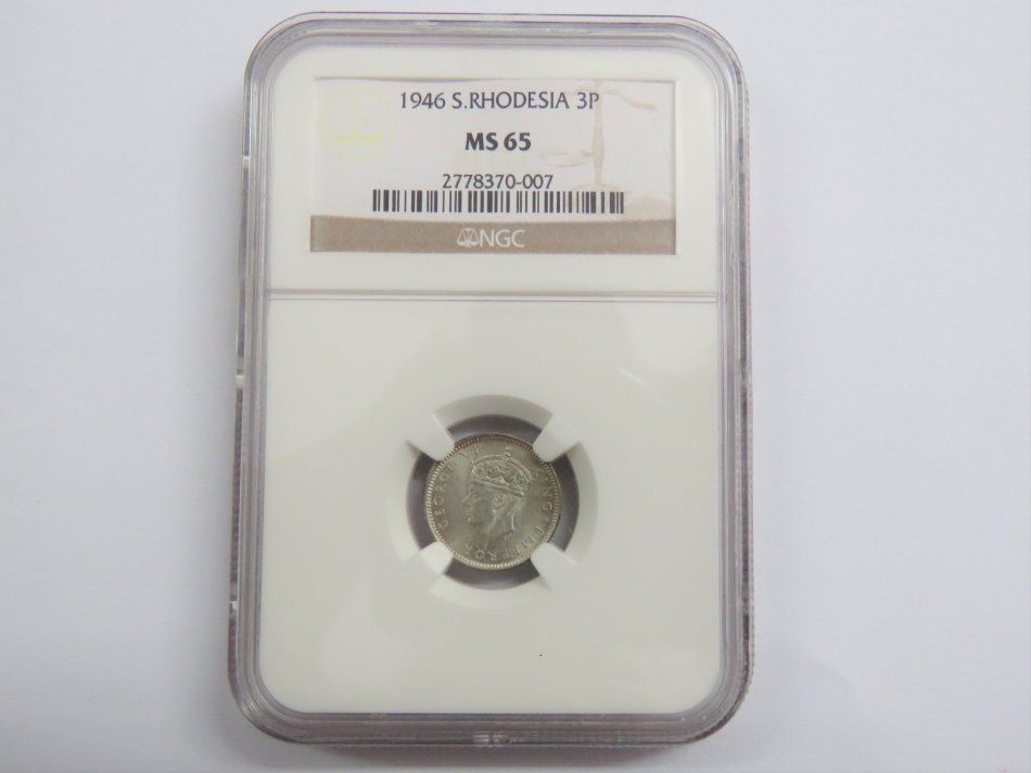 Southern Rhodesia 1946 graded 3 Pence MS 65 by NGC