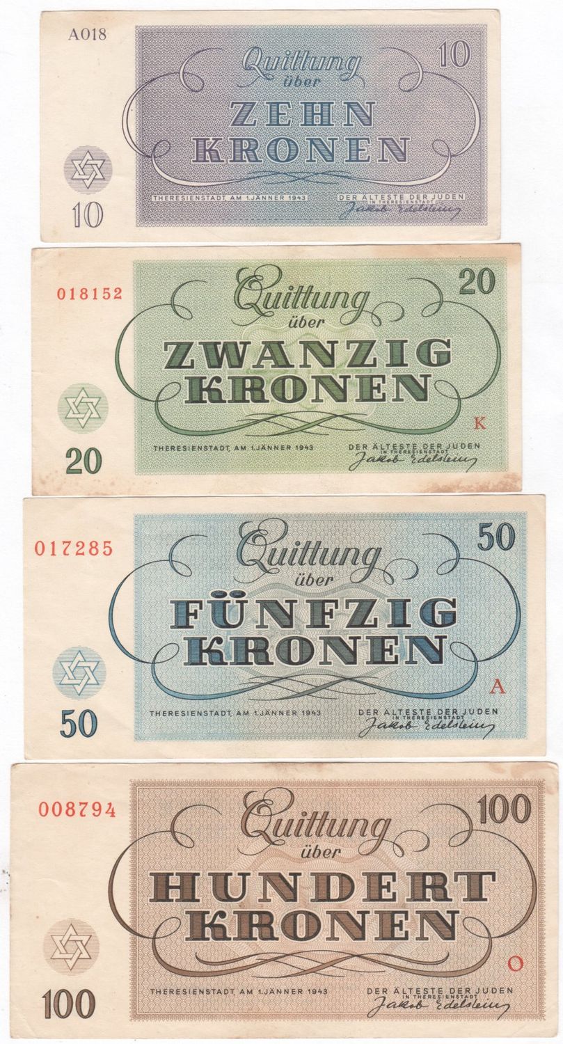 Set of WW2 Jewish Concentration Camp Money 10,20,50 &amp; 100 Kronen - Theresienstadt in Czech Republic