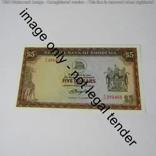 Rhodesia Reserve bank of Rhodesia Five Dollars - 20 October 1978 - crisp uncirculated
