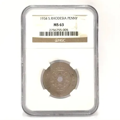 1934 Southern Rhodesia graded Penny - NGC MS 63 - hen`s teeth