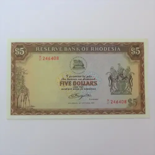 Reserve Bank of Rhodesia Five Dollars 20 October 1978 - Crisp Uncirculated