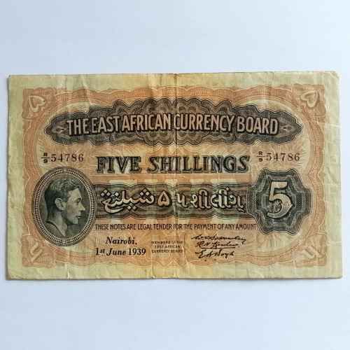 The East African Currency Board Banknote Five Shillings 1939 - VF+