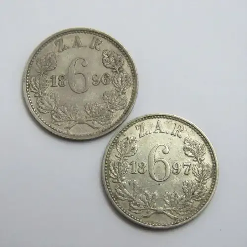 1896 and 1897 ZAR Kruger sixpence coins XF or better
