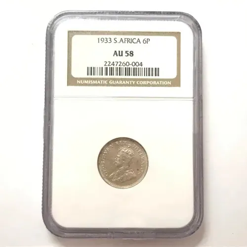 1933 SA Union 6d sixpence graded AU58 by NGC