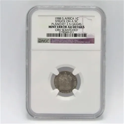 1988 South Africa 1c struck on A 5c planchet 2.5 grams mint error AU Details OBV scratched graded by