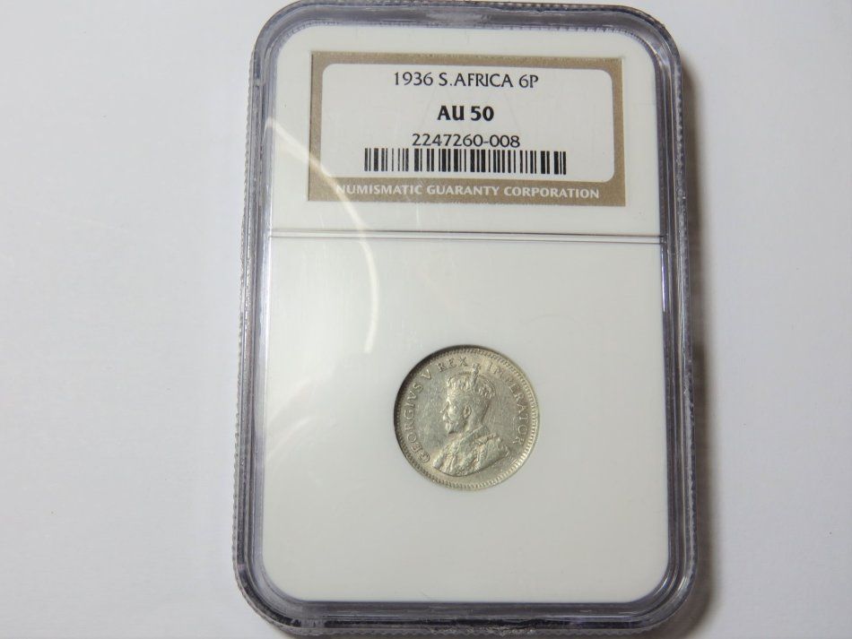 South Africa 1936 Sixpence graded AU 50 by NGC