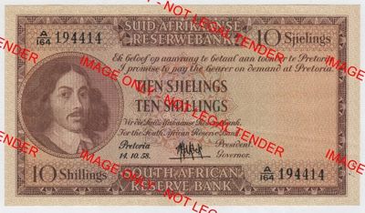 MH de Kock 1958 Ten Shillings - very slight folding marks