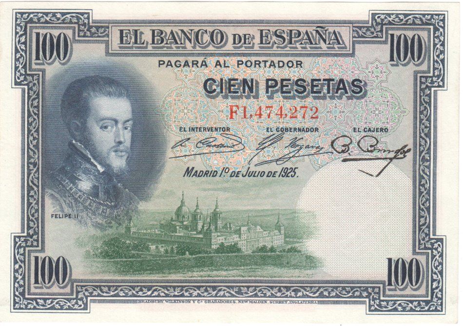 Spain 100 Peseta El Banco de Espana 1925 Felipe 2 note - WITHOUT SERIES - UNCIRCULATED