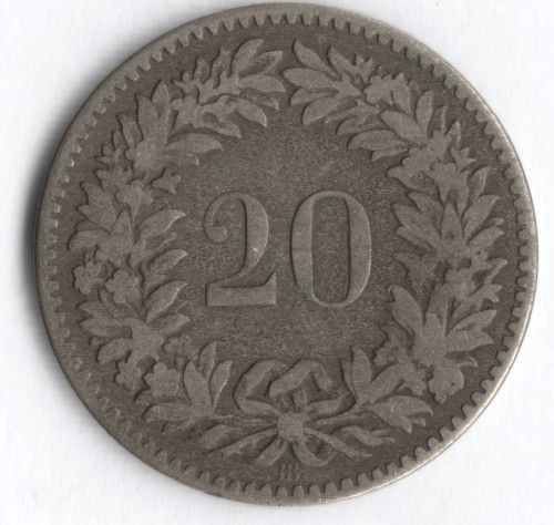 1851 Switzerland 20 rappen ` BB ` mint mark