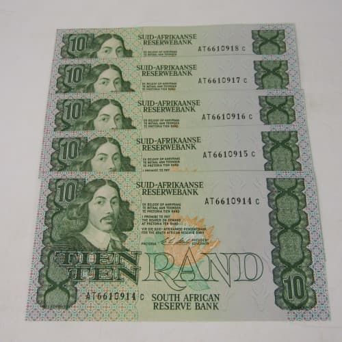 South Africa CL Stals R10 lot of 5 bank notes with consecutive numbers