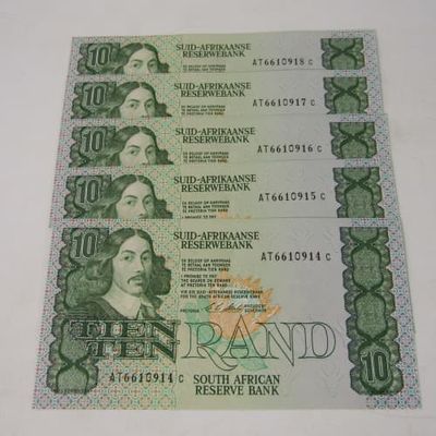 South Africa CL Stals R10 lot of 5 bank notes with consecutive numbers