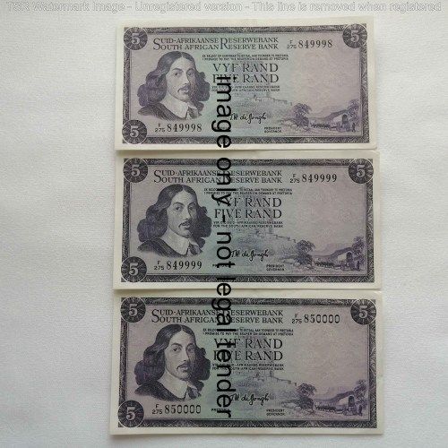 TW de Jongh Lot of 3 x R5 banknotes with consecutive numbers 84998, 849999, 850000 uncirculated