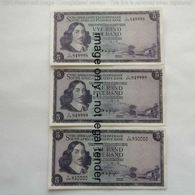 TW de Jongh Lot of 3 x R5 banknotes with consecutive numbers 84998, 849999, 850000 uncirculated