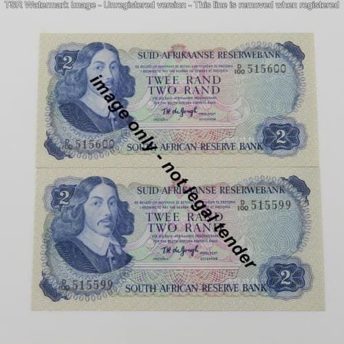 Pair of TW de Jongh 2nd issue R2 notes - consecutive - UNC D100 #515599-515600