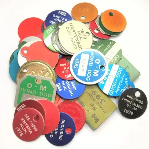 Lot of 48 different Dog Licenses late 70`s to early 80`s - Mostly Small Towns