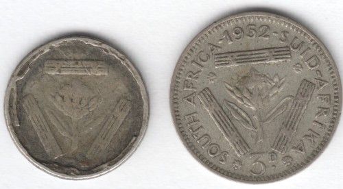 Unusual South African miniature silver 3d tickey - compare protea to normal size tickey