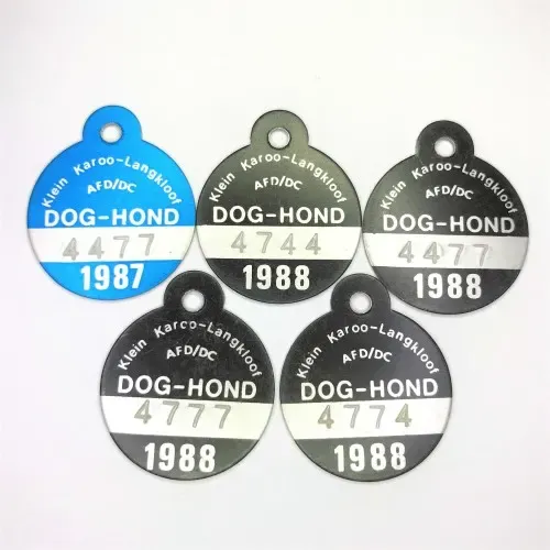 Lot of 5 Langkloof dog licenses no`s 4774, 4477, 4777, 4744, of 1988 and 4477 of 1987