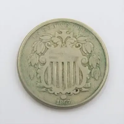 1867 USA Shield Nickle 5c F+