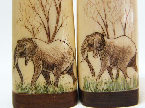 Pair of antique bone &amp; wood salt &amp; pepper shakers with scrimshaw artwork with colour