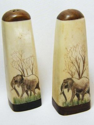 Pair of antique bone &amp; wood salt &amp; pepper shakers with scrimshaw artwork with colour
