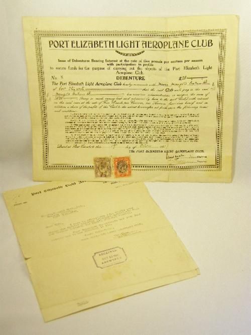 Port Elizabeth light aeroplane club Debenture certificate with official receipt