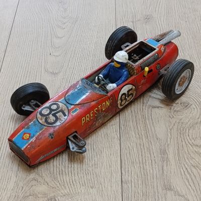 Vintage Tin Plate Lotus Ford battery operated racing car - 1 wheel missing - working