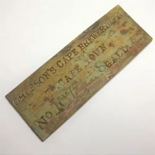Ohlsson`s Cape Breweries LD Cape Town copper plate no 107_ 8 gallons token