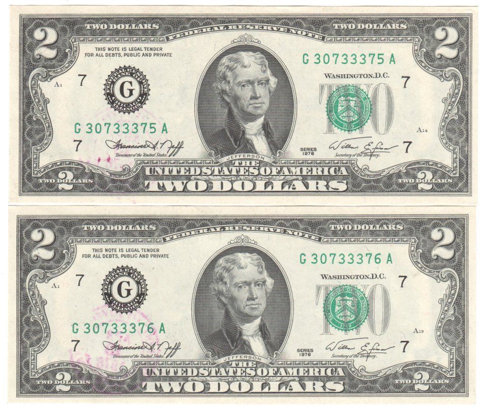 USA 1976 Bicentennial 2 Dollars - 2 consecutive numbers with 13c stamp and cancellation JOYFIELD