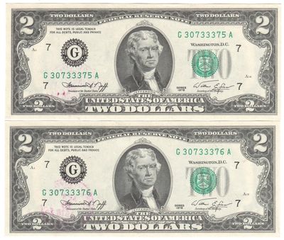 USA 1976 Bicentennial 2 Dollars - 2 consecutive numbers with 13c stamp and cancellation JOYFIELD