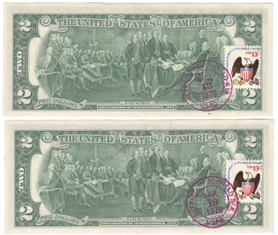 USA 1976 Bicentennial 2 Dollars - 2 consecutive numbers with 13c stamp and cancellation JOYFIELD