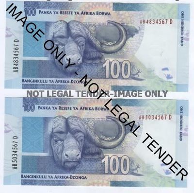 A chance in a million - Pair of South Africa R100 notes with numbers AB 48 34567 D and AB 50 34567 D