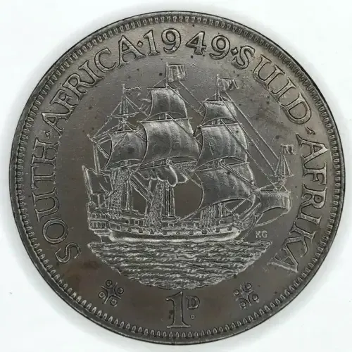 1949 SA Union Penny - UNC - Dark Brown - Metal Flaw above Georges Head
