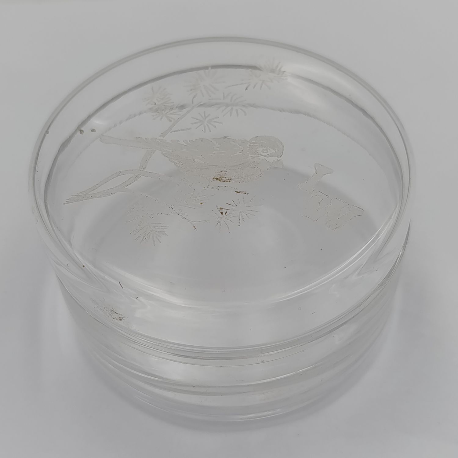 Vintage Lead Glass trinket bowl with sparrow etching on lid