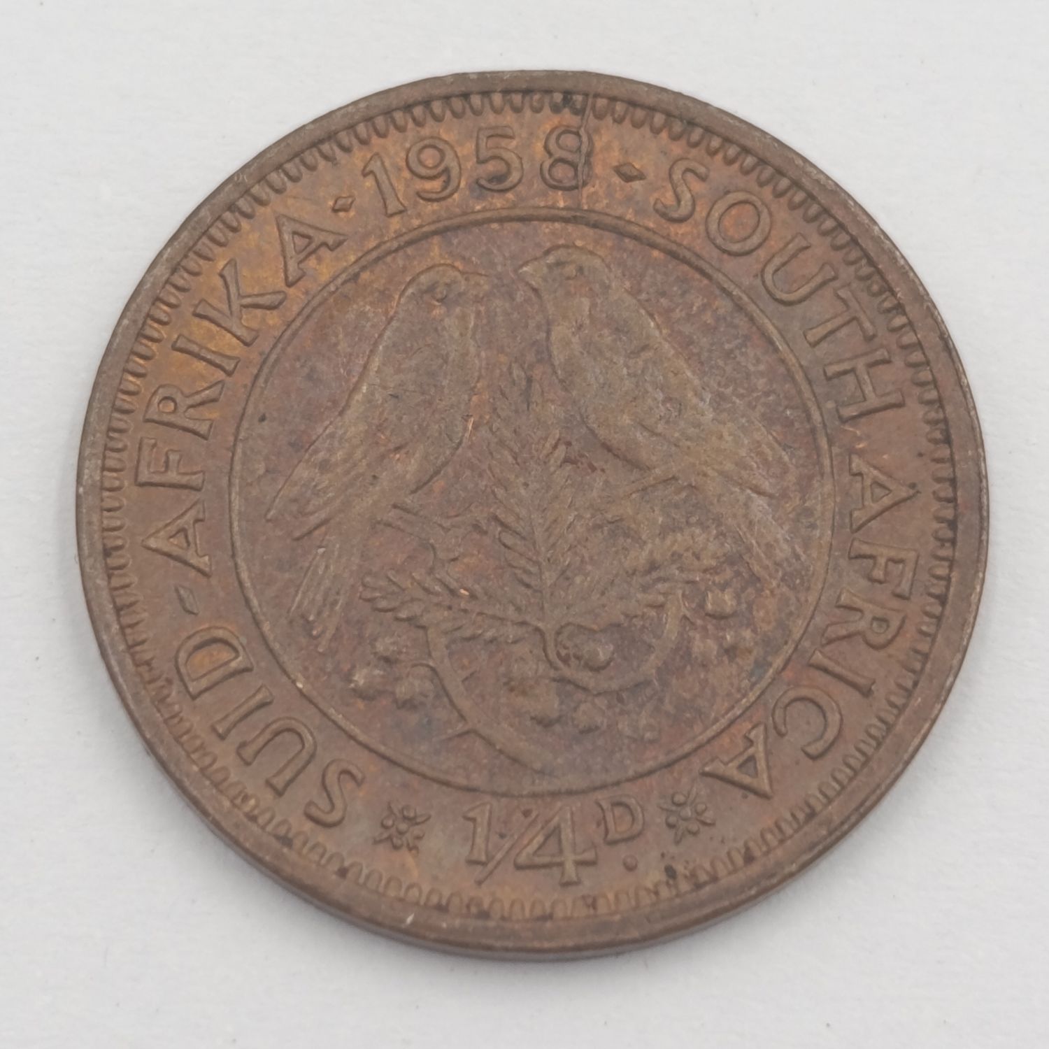 1958 South Africa farthing with cracked die mark through 8 of 1958